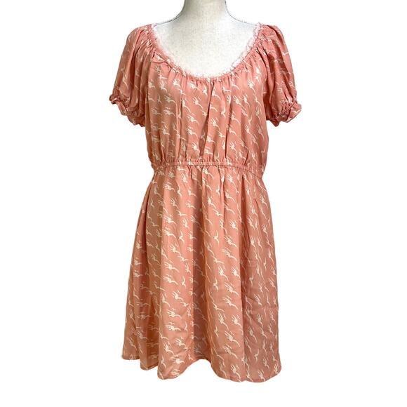 Morgan Lane Ava Mini Silk Dress Peony Pink Blush Printed Bird Motif - Picture 1 of 10